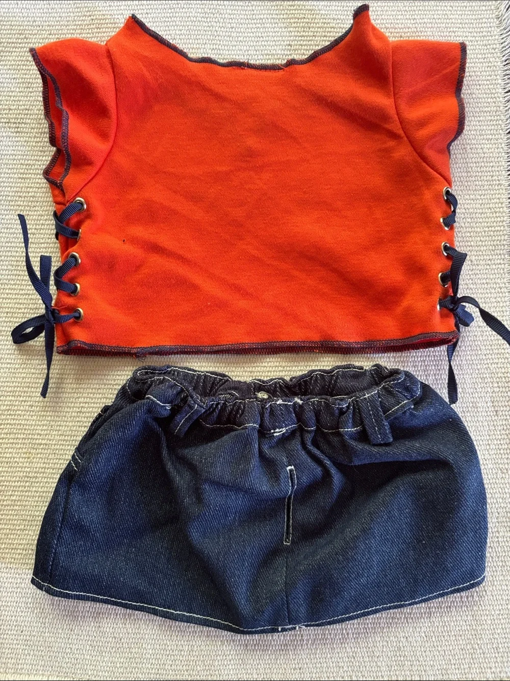 Build-A-Bear outfit orange shirt with Navy Stitching and denim mini skirt